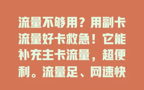 流量不够用？用副卡流量好卡救急！它能补充主卡流量，超便利。流量足、网速快，还能按需调套餐。商务人士、追剧玩游戏的必备，告别流量焦虑，畅享数字生活