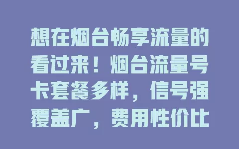 想在烟台畅享流量的看过来！烟台流量号卡套餐多样，信号强覆盖广，费用性价比高，办理简便，助你轻松畅玩网络世界
