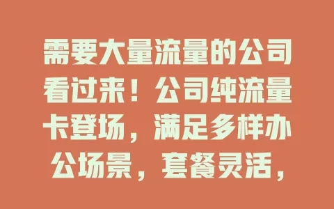 需要大量流量的公司看过来！公司纯流量卡登场，满足多样办公场景，套餐灵活，助企业网络办公效率飙升，数字化浪潮稳步前行