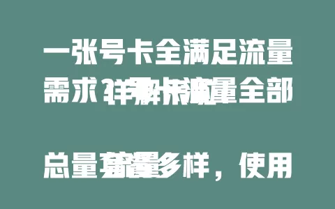 一张号卡全满足流量需求？号卡流量全部详解来啦！

流量总量套餐多样，使用范围明确，有效期各异，还有保障优化。了解细节，选号卡更明智，畅享便捷网络生活！