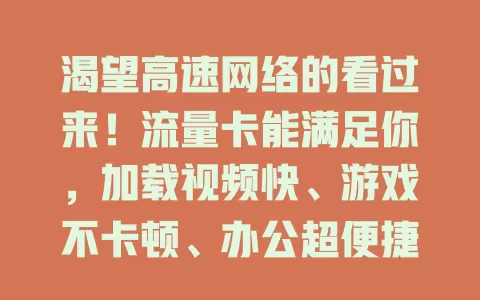 渴望高速网络的看过来！流量卡能满足你，加载视频快、游戏不卡顿、办公超便捷、社交无距离，快选它开启精彩数字生活