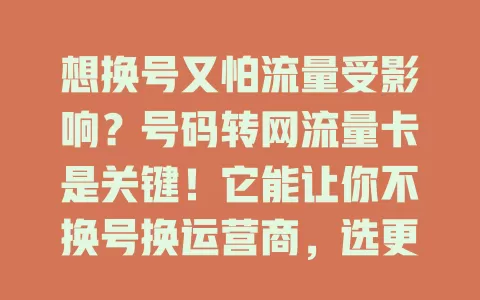 想换号又怕流量受影响？号码转网流量卡是关键！它能让你不换号换运营商，选更适配套餐，享优惠服务。选卡要谨慎，综合考量多因素，做好规划就能告别流量烦恼，畅快上网！