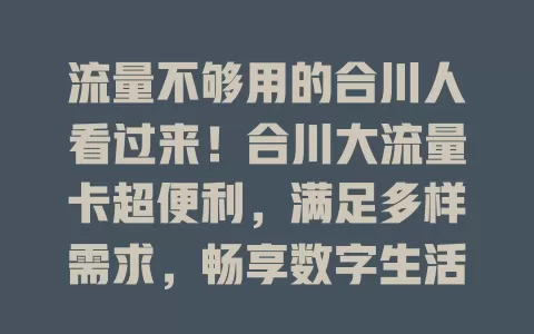 流量不够用的合川人看过来！合川大流量卡超便利，满足多样需求，畅享数字生活，探索本地信息更轻松