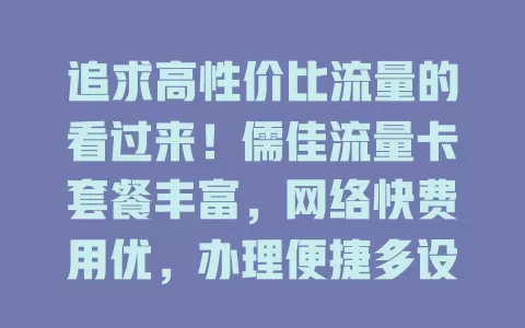 追求高性价比流量的看过来！儒佳流量卡套餐丰富，网络快费用优，办理便捷多设备可用，是流量首选，助你畅享数字生活