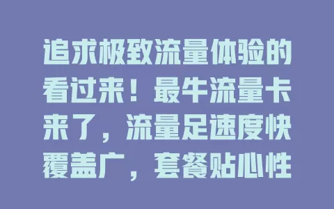追求极致流量体验的看过来！最牛流量卡来了，流量足速度快覆盖广，套餐贴心性价比高