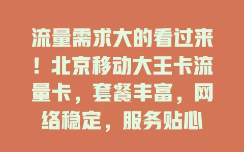 流量需求大的看过来！北京移动大王卡流量卡，套餐丰富，网络稳定，服务贴心