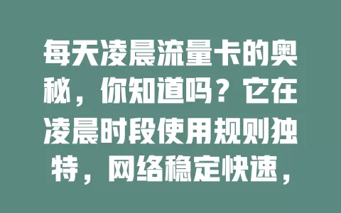 每天凌晨流量卡的奥秘，你知道吗？它在凌晨时段使用规则独特，网络稳定快速，费用可能优惠，能满足大量数据传输需求，但用前要了解套餐规则，常凌晨用网的快来了解！