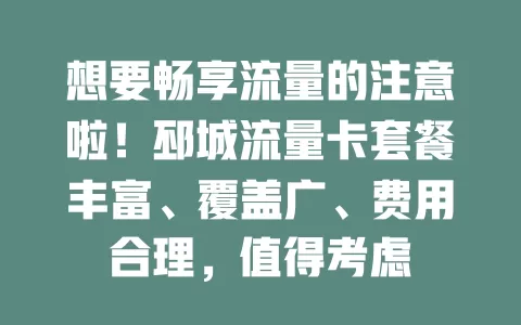 想要畅享流量的注意啦！邳城流量卡套餐丰富、覆盖广、费用合理，值得考虑