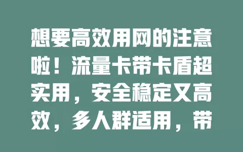 想要高效用网的注意啦！流量卡带卡盾超实用，安全稳定又高效，多人群适用，带来全新网络体验！