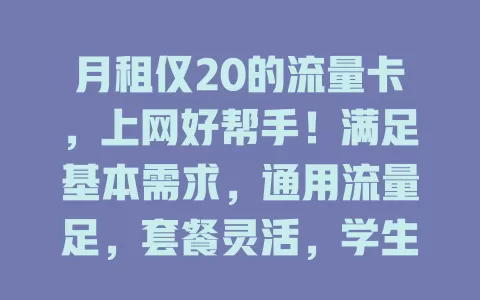 月租仅20的流量卡，上网好帮手！满足基本需求，通用流量足，套餐灵活，学生上班族都适用，你还不试试？
