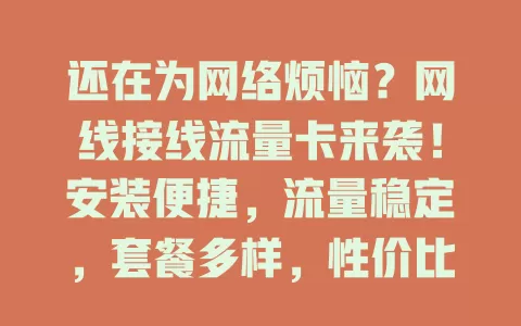 还在为网络烦恼？网线接线流量卡来袭！安装便捷，流量稳定，套餐多样，性价比高，开启全新网络体验