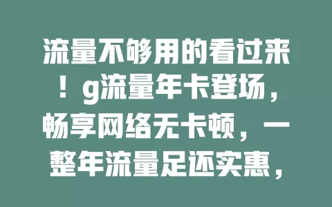 流量不够用的看过来！g流量年卡登场，畅享网络无卡顿，一整年流量足还实惠，告别焦虑尽情嗨