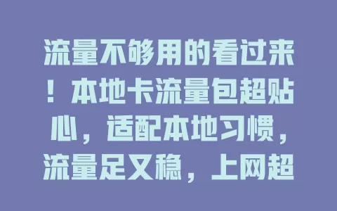 流量不够用的看过来！本地卡流量包超贴心，适配本地习惯，流量足又稳，上网超畅快，追剧、工作、刷视频都不愁！