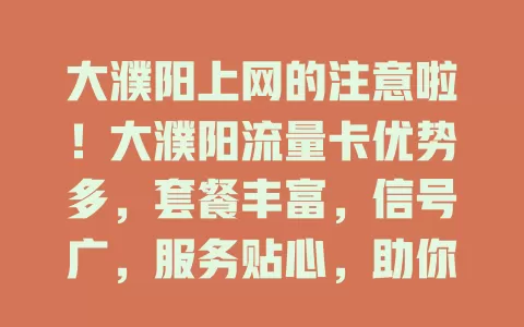 大濮阳上网的注意啦！大濮阳流量卡优势多，套餐丰富，信号广，服务贴心，助你畅享网络！