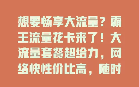 想要畅享大流量？霸王流量花卡来了！大流量套餐超给力，网络快性价比高，随时视频、探索网络、高效工作，给你精彩数字生活！