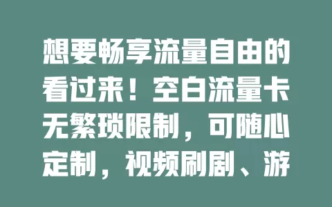 想要畅享流量自由的看过来！空白流量卡无繁琐限制，可随心定制，视频刷剧、游戏开黑都不愁，给你绝对自由开启精彩网络生活