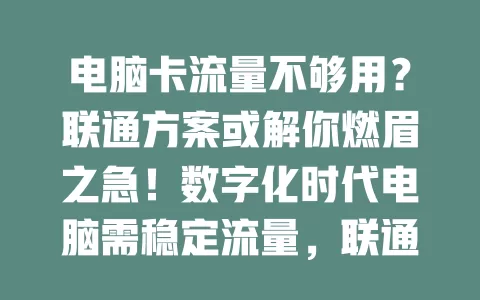 电脑卡流量不够用？联通方案或解你燃眉之急！数字化时代电脑需稳定流量，联通有对策，网络广稳，套餐多样，还能优化网络，告别烦恼，畅享便利