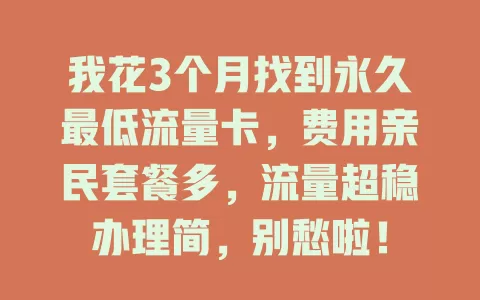我花3个月找到永久最低流量卡，费用亲民套餐多，流量超稳办理简，别愁啦！