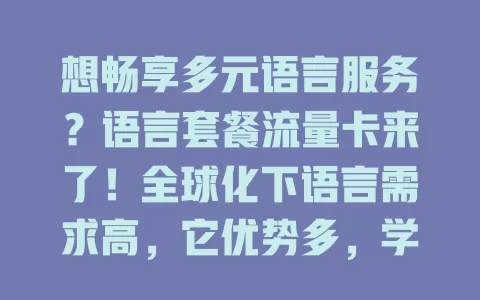 想畅享多元语言服务？语言套餐流量卡来了！全球化下语言需求高，它优势多，学习、旅行、商务都好用，套餐灵活性价比高，助你打破语言壁垒，畅享无限可能