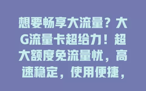 想要畅享大流量？大G流量卡超给力！超大额度免流量忧，高速稳定，使用便捷，多设备适用，常外出也必备，带你畅快畅游网络世界