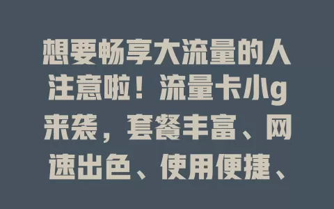 想要畅享大流量的人注意啦！流量卡小g来袭，套餐丰富、网速出色、使用便捷、性价比高，常外出及学生上班族用它超棒，值得关注！