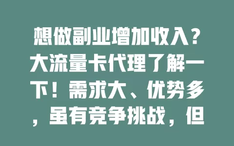 想做副业增加收入？大流量卡代理了解一下！需求大、优势多，虽有竞争挑战，但克服困难用心经营，就能收获财富，开启副业增收大门