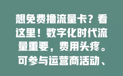 想免费撸流量卡？看这里！数字化时代流量重要，费用头疼。可参与运营商活动、平台任务，关注公众号或论坛。注意防骗，看清规则，掌握方法就能省开支，速来探索秘诀！