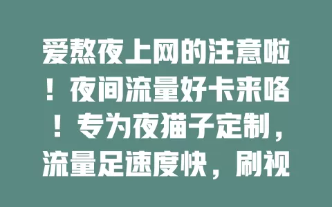 爱熬夜上网的注意啦！夜间流量好卡来咯！专为夜猫子定制，流量足速度快，刷视频、畅聊无忧，告别卡顿，让夜晚超精彩！