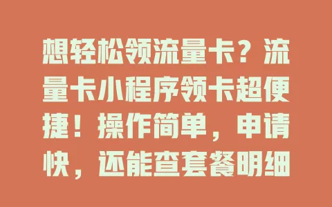 想轻松领流量卡？流量卡小程序领卡超便捷！操作简单，申请快，还能查套餐明细，有客服帮解决问题，快来体验！