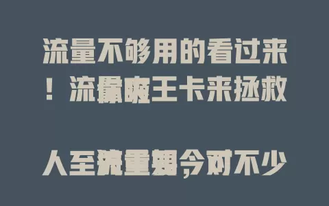 流量不够用的看过来！流量爽王卡来拯救你啦

流量如今对人至关重要，可不少人面临流量不够的困扰。流量爽王卡应运而生，超大流量额度，网络速度出色，套餐灵活多样，能解决流量难题，让你畅享数字便捷。