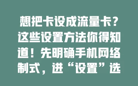 想把卡设成流量卡？这些设置方法你得知道！先明确手机网络制式，进“设置”选对应网络，连接后还能设流量参数，部分手机有流量监控，掌握这些轻松用流量卡享便利