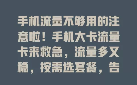 手机流量不够用的注意啦！手机大卡流量卡来救急，流量多又稳，按需选套餐，告别流量烦恼