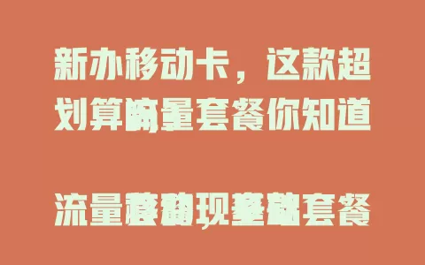 新办移动卡，这款超划算流量套餐你知道吗？

移动现多款流量套餐，基础套餐分不同额度，满足轻、重度用户。还有特色套餐，短视频定向流量刷视频超省，夜间流量适合夜猫子。新办卡要依实际挑，对比因素选适合套餐，让网络生活更便捷！