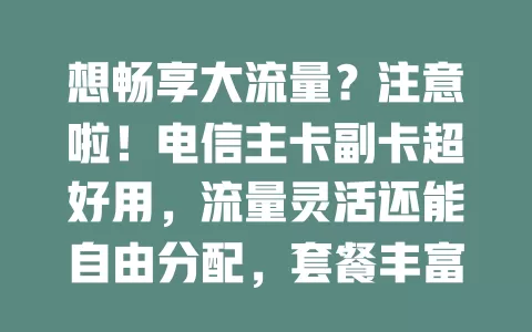 想畅享大流量？注意啦！电信主卡副卡超好用，流量灵活还能自由分配，套餐丰富任你选