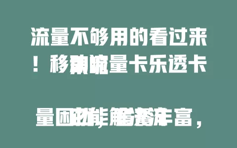 流量不够用的看过来！移动流量卡乐透卡来啦

它能解决流量困扰，套餐丰富，网络稳定，办理简便。无论是轻度还是重度使用者，都能畅享网络，告别流量烦恼，成为上网得力助手！
