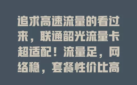 追求高速流量的看过来，联通韶光流量卡超适配！流量足，网络稳，套餐性价比高，常上网人群必备，给你惊喜上网体验