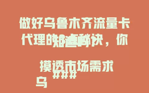 做好乌鲁木齐流量卡代理的3点秘诀，你知道吗？

### 摸透市场需求
乌鲁木齐流量卡代理，先摸清需求。年轻人爱大流量性价比套餐，上班族需稳定高速网络。精准调研，选对产品，提高销售成功率。

### 选优质流量卡产品
选流量卡产品是关键。考察网络覆盖、套餐内容，像长期套餐就很受欢迎。还要关注运营商信誉服务，优质产品带来好口碑。

### 掌握有效推广策略
掌握有效推广策略很重要。利用社交媒体、与当地商家合作，举办线下活动，多种方式结合扩大流量卡影响力。