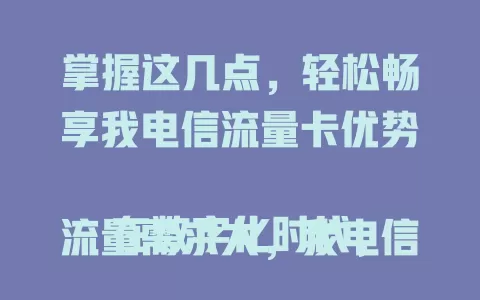 掌握这几点，轻松畅享我电信流量卡优势

在数字化时代，流量需求大，我电信流量卡是优质之选。它流量充足、网络稳定、套餐灵活，还有便捷服务。用它随时随地畅游网络，开启畅快网络生活之旅。