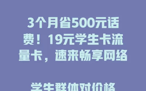 3个月省500元话费！19元学生卡流量卡，速来畅享网络

学生群体对价格敏感又需充足流量，这款19元学生卡流量卡超划算。月费低，流量足，速度快，办理简，售后优，有限预算内畅享网络，学生上网实惠之选！