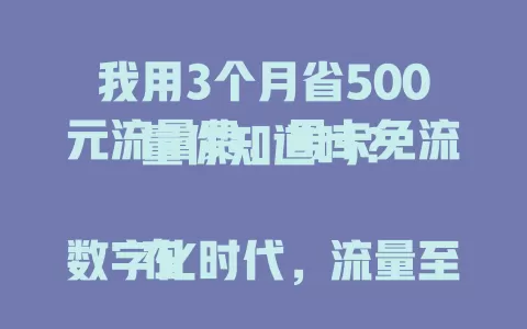 我用3个月省500元流量费，号卡免流量你知道吗？

在数字化时代，流量至关重要，费用却让人头疼。号卡免流量带来福利，特定号卡某些应用免流，降费又流畅。选号卡免流产品有要点，正确选择使用，手机流量更实惠便利！