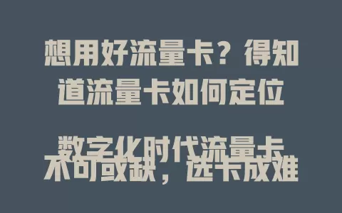 想用好流量卡？得知道流量卡如何定位

数字化时代流量卡不可或缺，选卡成难题？了解流量卡定位很关键！要考虑使用场景、费用、覆盖范围及运营商特点，综合考量才能挑到契合需求的流量卡，为数字生活助力！