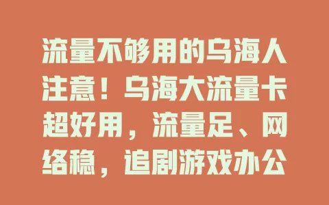 流量不够用的乌海人注意！乌海大流量卡超好用，流量足、网络稳，追剧游戏办公皆无忧，告别流量焦虑