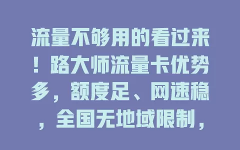 流量不够用的看过来！路大师流量卡优势多，额度足、网速稳，全国无地域限制，性价比超高，能解流量难题，让你上网超轻松