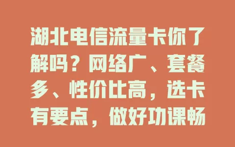湖北电信流量卡你了解吗？网络广、套餐多、性价比高，选卡有要点，做好功课畅享优质服务