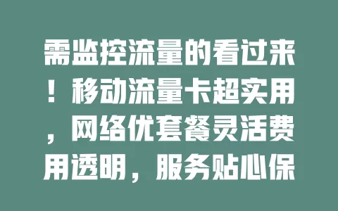 需监控流量的看过来！移动流量卡超实用，网络优套餐灵活费用透明，服务贴心保障监控