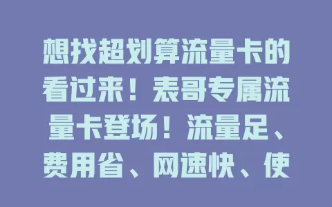 想找超划算流量卡的看过来！表哥专属流量卡登场！流量足、费用省、网速快、使用便捷，告别流量焦虑，畅享网络生活