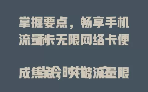 掌握要点，畅享手机流量卡无限网络卡便利

当今时代，它成焦点，突破流量限制。选卡要考虑网络覆盖与套餐，使用有注意事项，还得保护信息安全。了解优势、合理选择并留意要点，就能尽享网络便利。