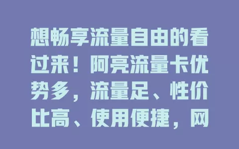 想畅享流量自由的看过来！阿亮流量卡优势多，流量足、性价比高、使用便捷，网课工作娱乐都能稳定助力，给你流畅网络体验