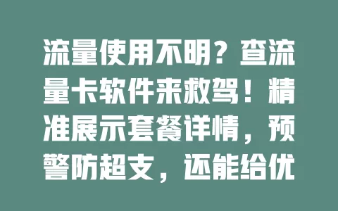 流量使用不明？查流量卡软件来救驾！精准展示套餐详情，预警防超支，还能给优化建议，告别流量困扰