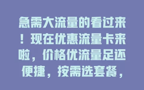 急需大流量的看过来！现在优惠流量卡来啦，价格优流量足还便捷，按需选套餐，城乡网络都好，别错过！